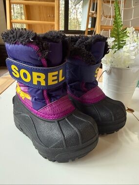 Sorel Purple & Black Kids Snow Boots with Yellow Logo